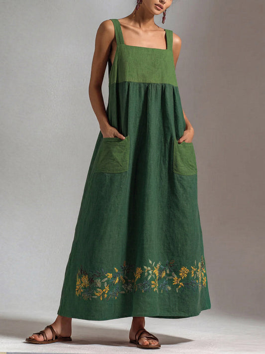 Women's Casual Loose-fit Sleeveless Cotton-linen Dress With Square Neck And Contrast Trim