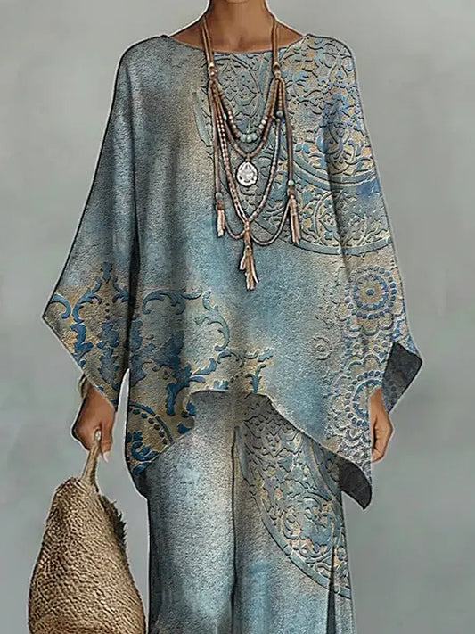 Women's Vintage Floral Art Comfortable Loose Cotton Linen Wide-leg Pants Two-piece Set