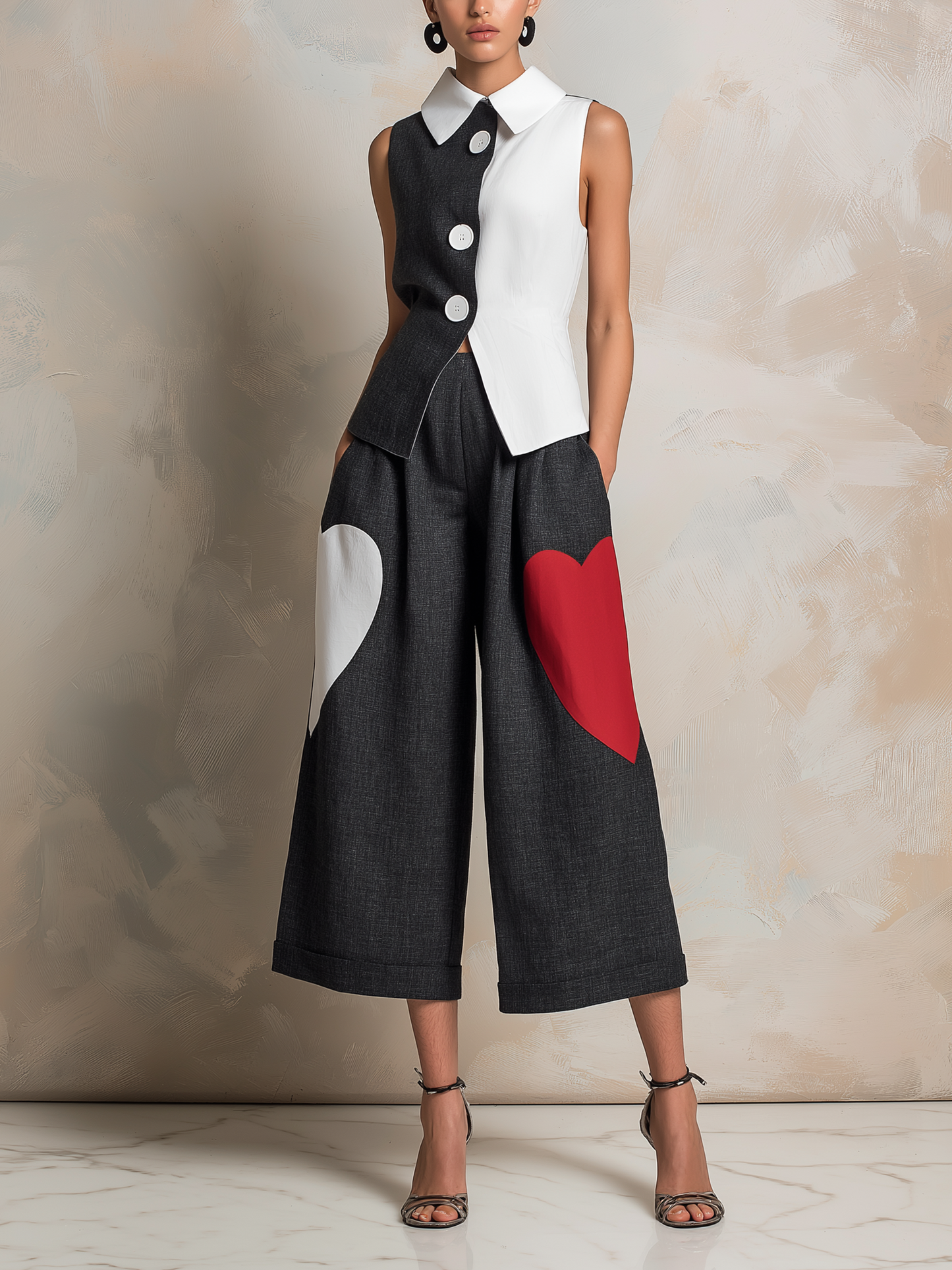 Color-Block Heart Patch Vest & Culottes Set