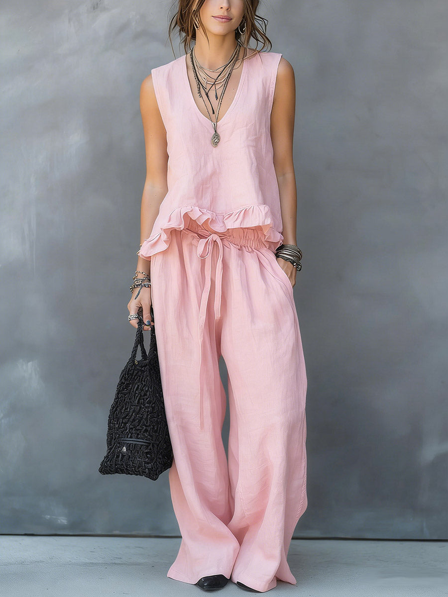 Women's V-neck Sleeveless Casual Loose Cotton Top With Elastic Waist And Wide-leg Pants Cotton Linen Set
