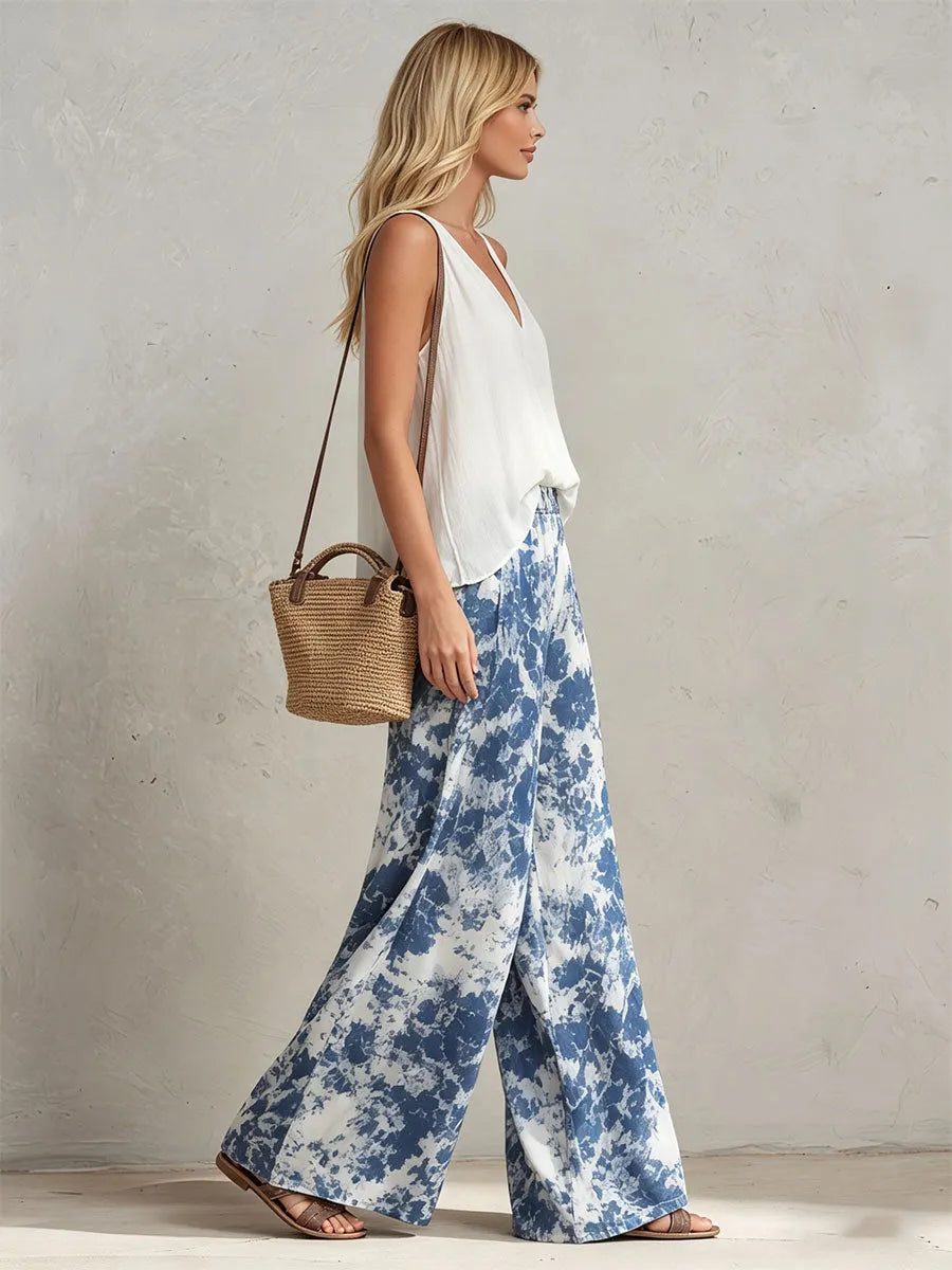 Casual Retro White Chiffon Top And Blue Floral Chiffon Wide-leg Pants Set