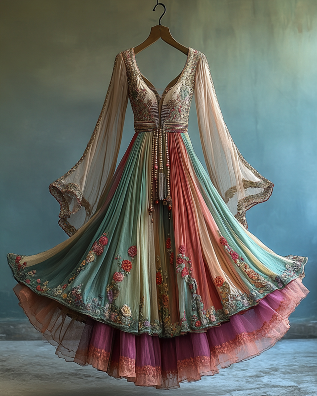 Elegant contrast color vacation rainbow maxi dress 57a1