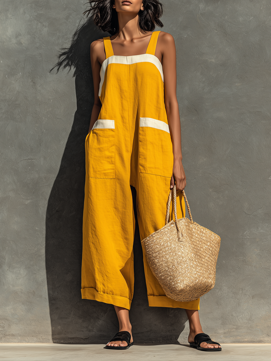 Women's Color-blocked Casual Cotton And Linen Jumpsuit