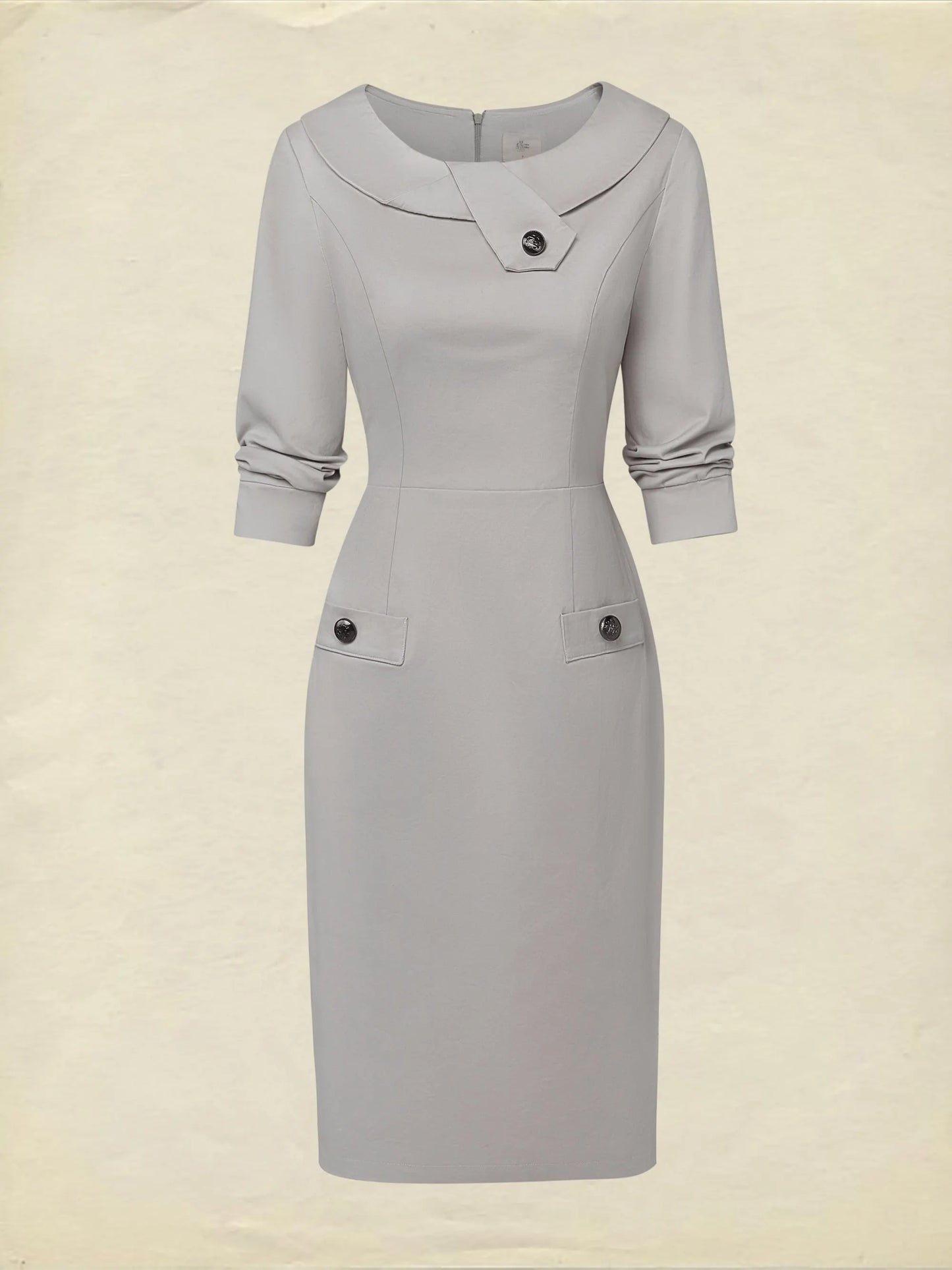 Midi Cotton Dress, Half Sleeve, Round Neck, Plain, Button Design, French Vintage, Gray