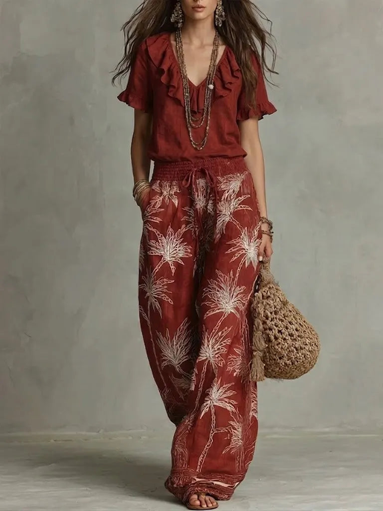 Casual Ruffled-collar Top And Printed Trousers Two-piece Set