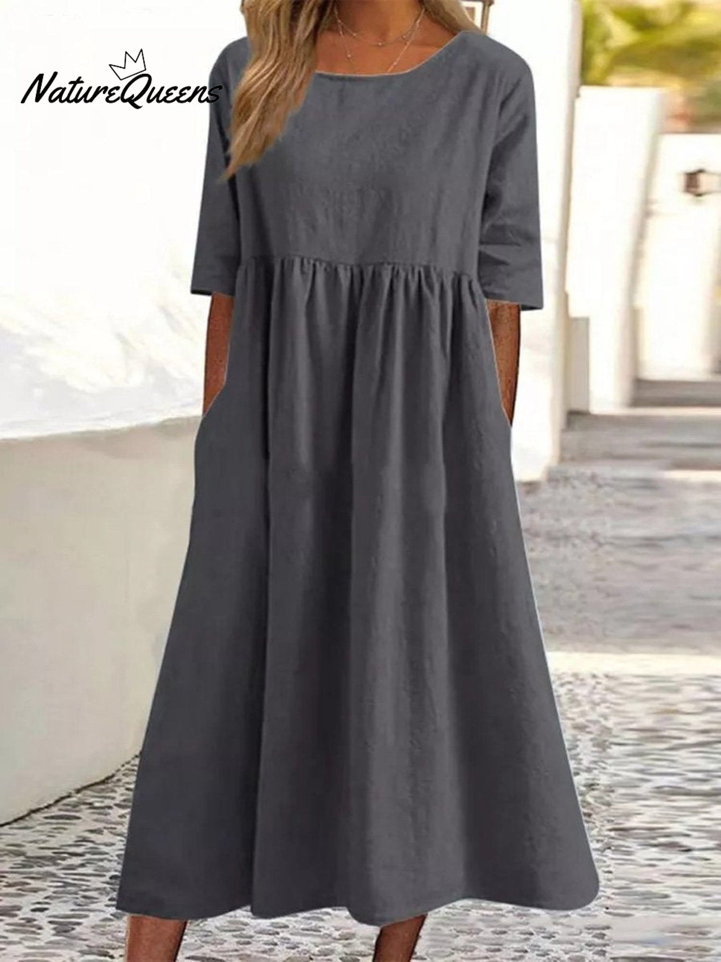 Cotton And Linen Casual Short Sleeve Pocket Pleated Loose Round Neck Dress