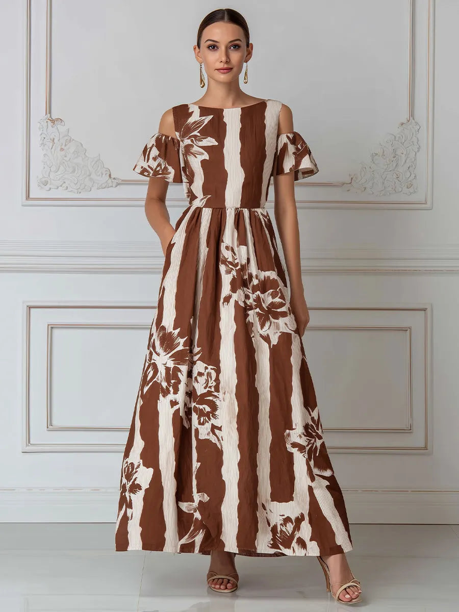 Earthy Striped Floral Print Cold-Shoulder Maxi Dress