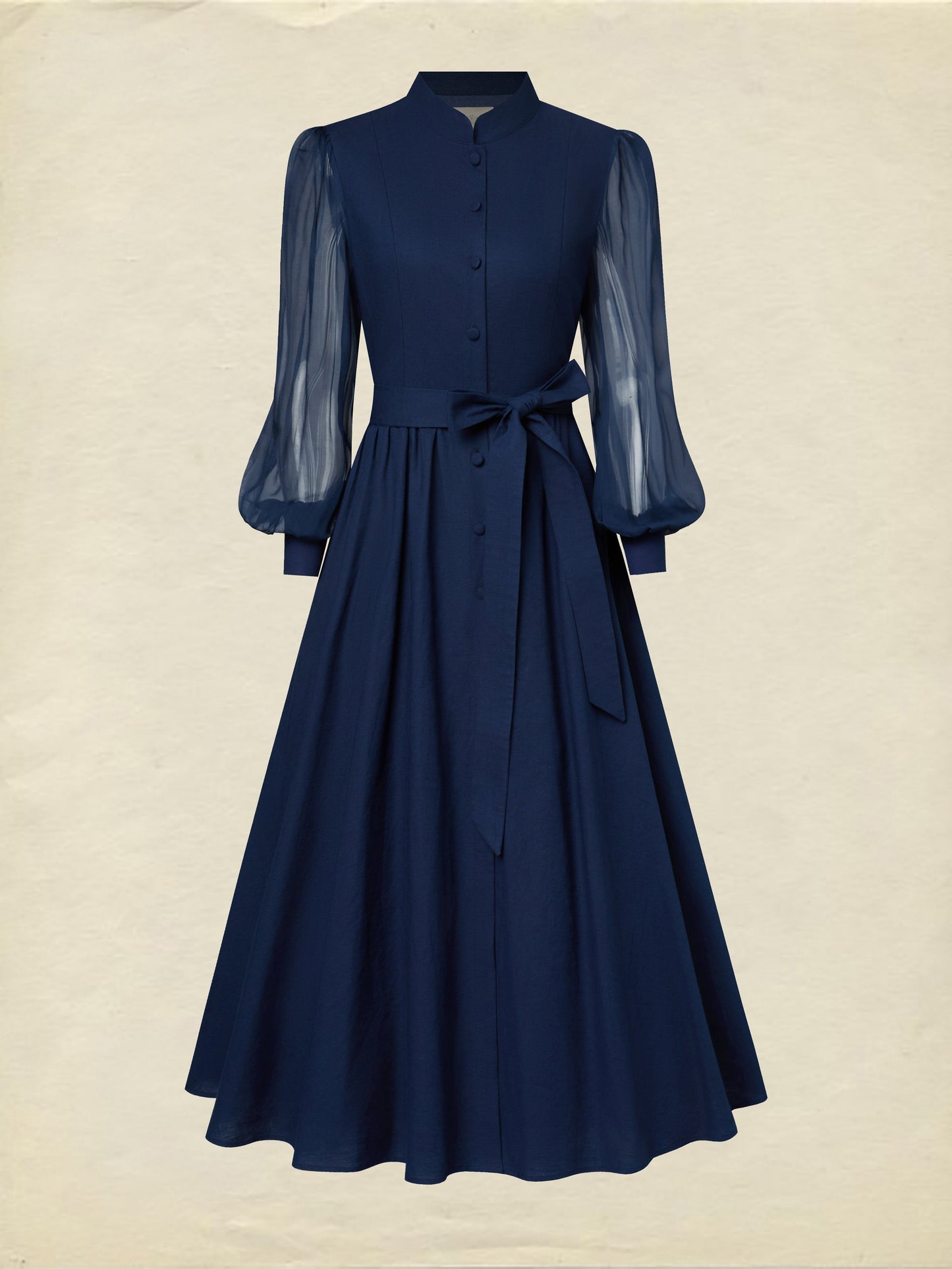 Maxi Cotton Dress, Long Sleeves, Stand Collar, Plain, Belt Design, French Vintage, Blue Purple