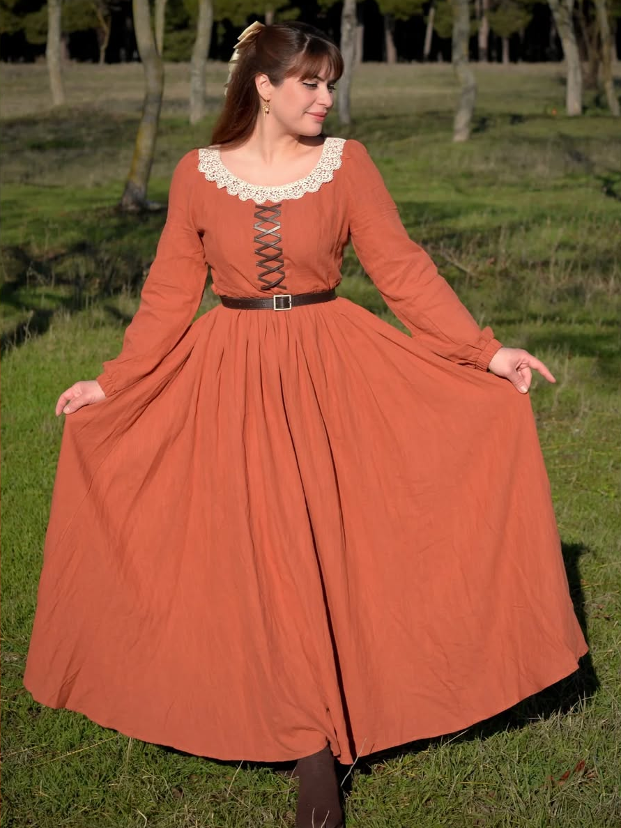 Maxi Cotton Dress, Long Sleeves, Square Neck,  Princess Line, Linen Blend, Orange