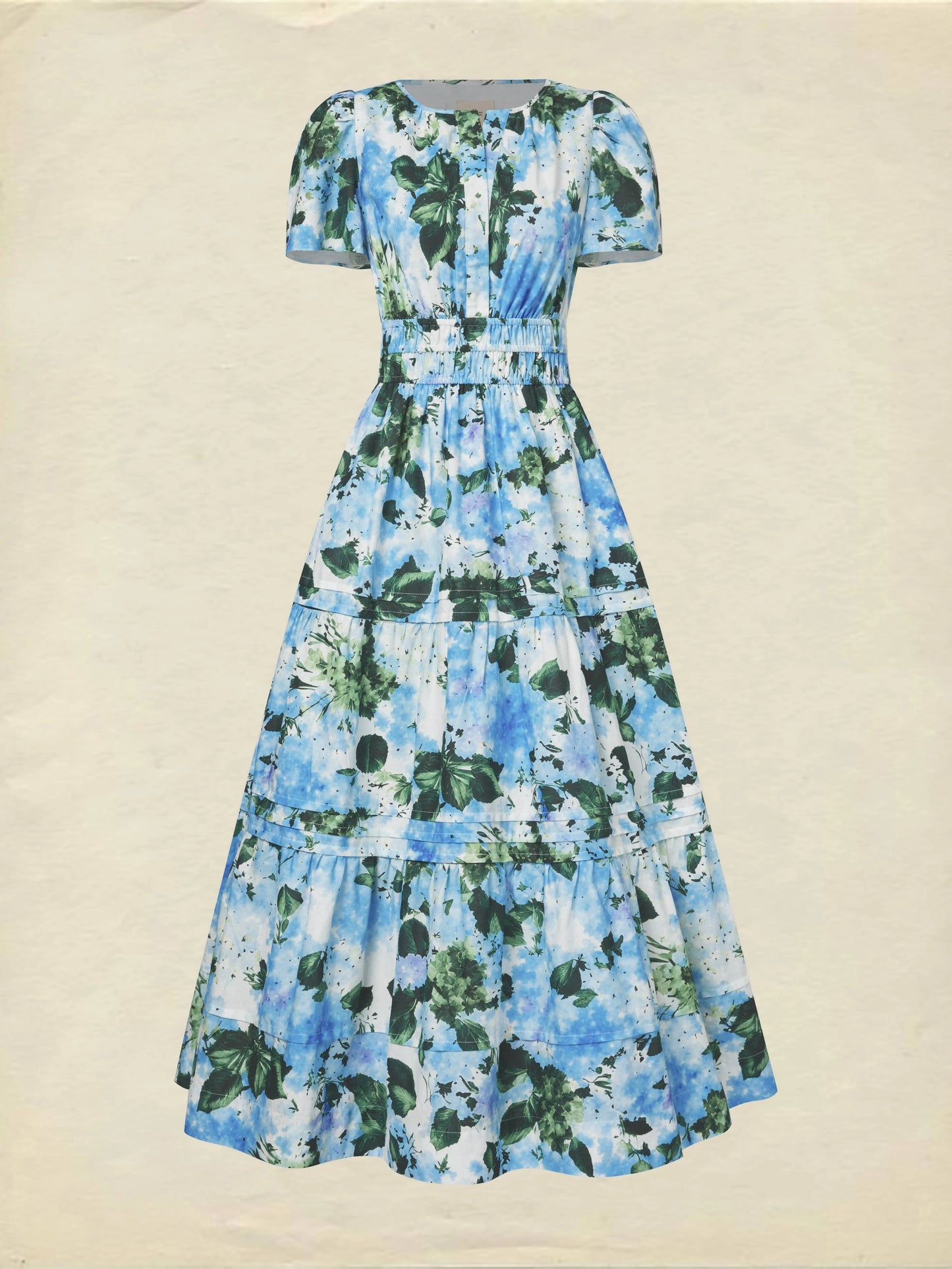 Maxi Cotton Dress, Short Sleeves, V Neck, Floral, Vintage, Blue