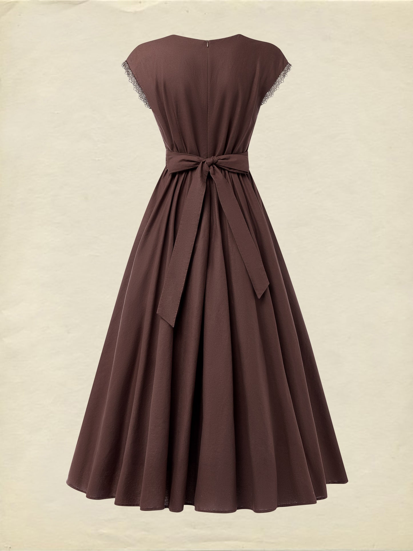 Linen Maxi Dress, Short Sleeve, Lace Collar, Plain, Vintage, CAMEO BROWN