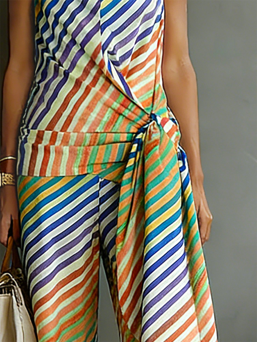 Artistic Striped Print Resort-style Two-piece Set