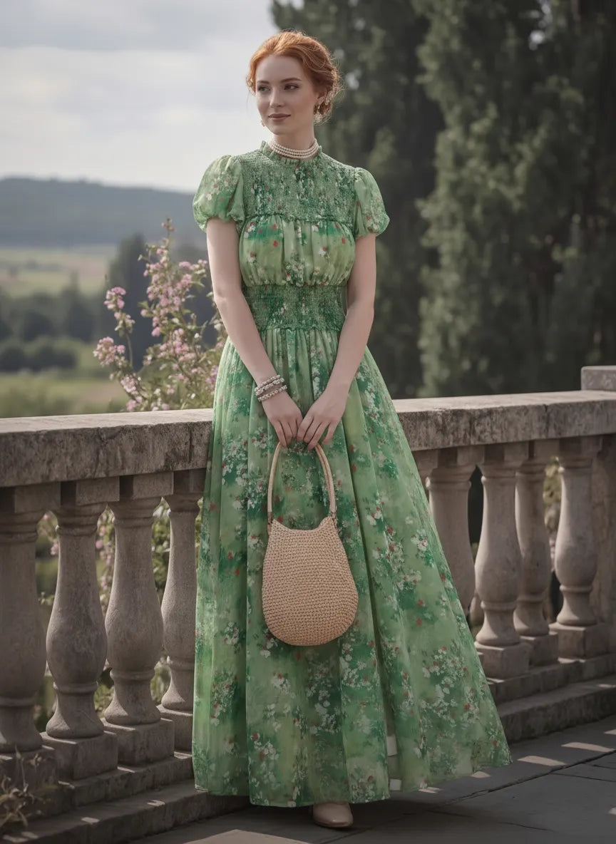 Maxi Linen Dress, Short Sleeves, Round Neck, Floral, Vintage, Green