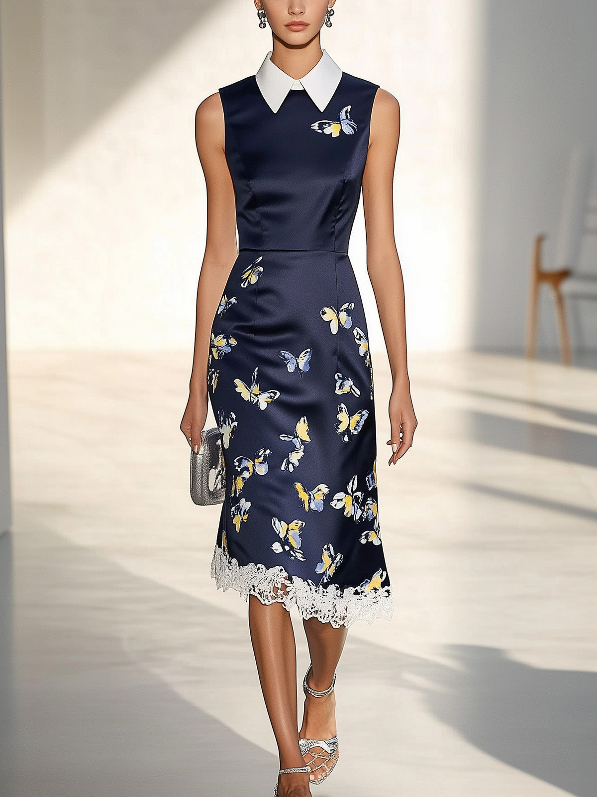 Navy Blue Satin Dress with Butterfly Print and White Lace Trim