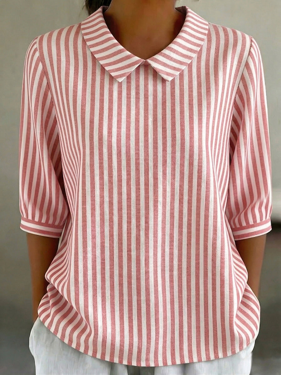 Retro Peter Pan Collar Striped Cotton-linen Shirt