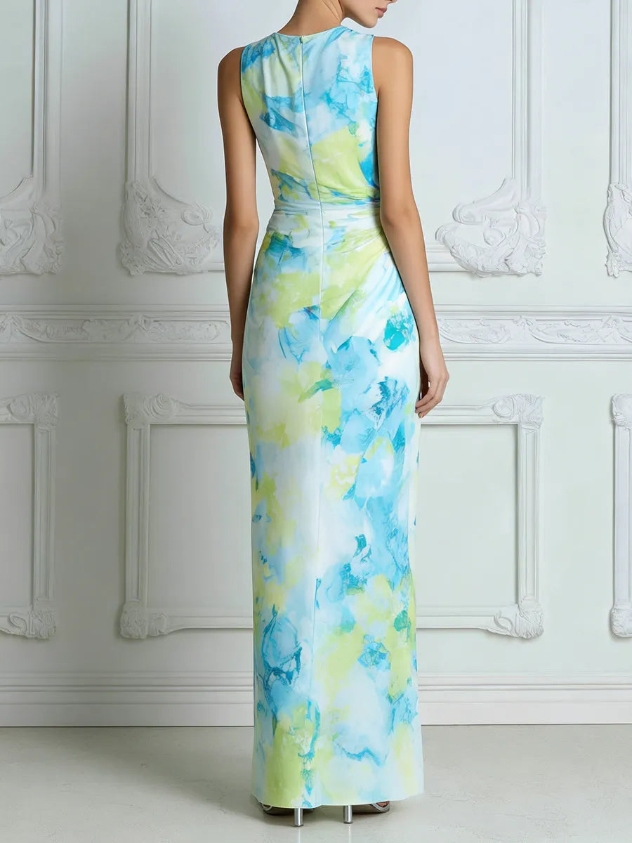 Draped Cowl Neck Printed Maxi Dress