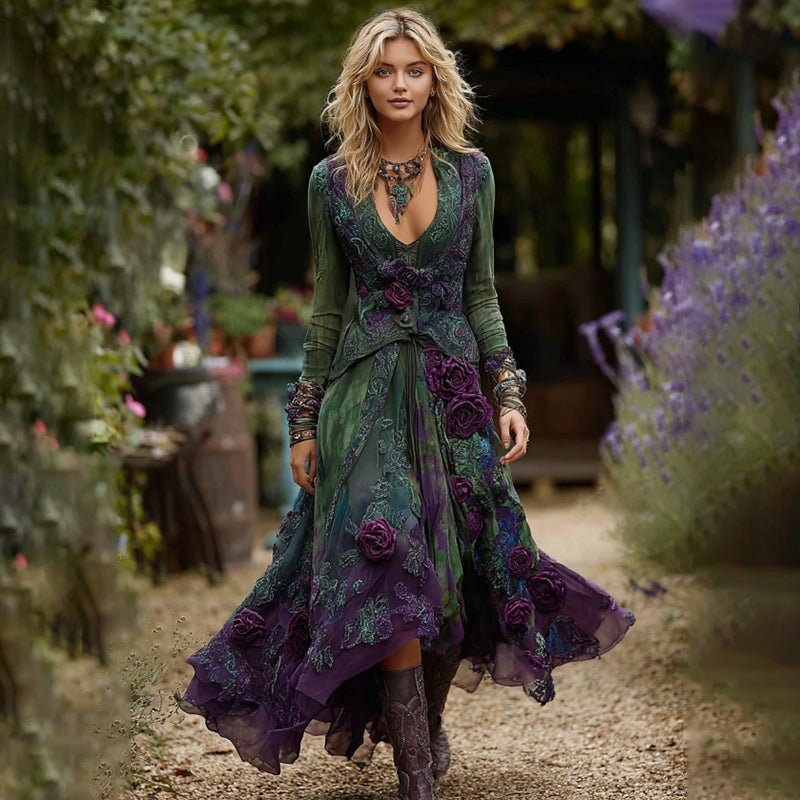 Women's Vintage Floral Gradient Pattern V-neck Long Sleeve Maxi Dress