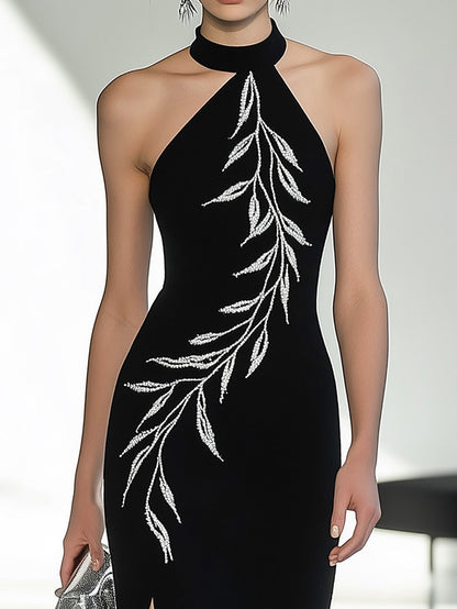 Chic Black Halter Neck Dress with Side Slit and Embroidery