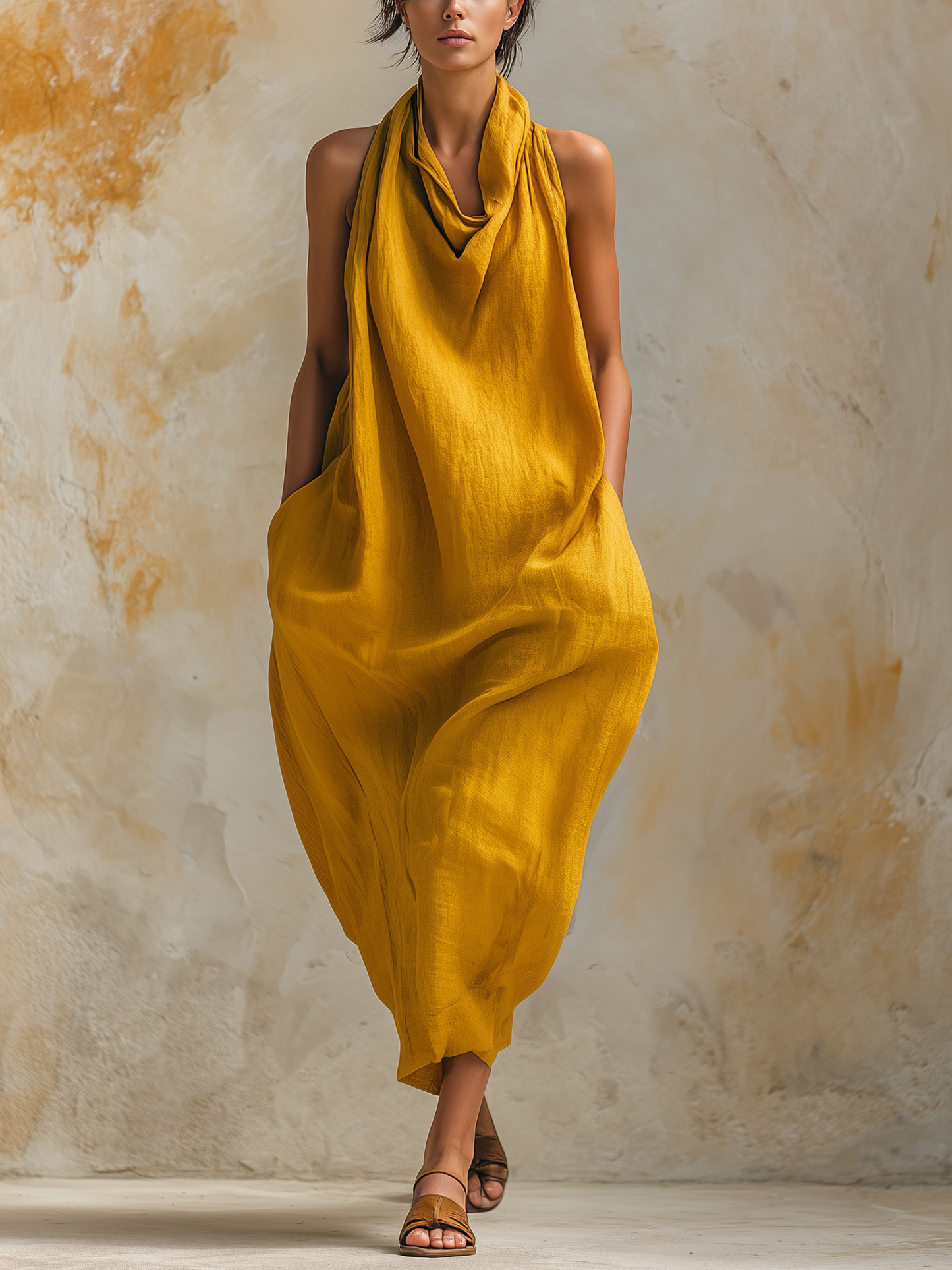 Mustard Yellow Linen Tencel Halter Neck Maxi Dress