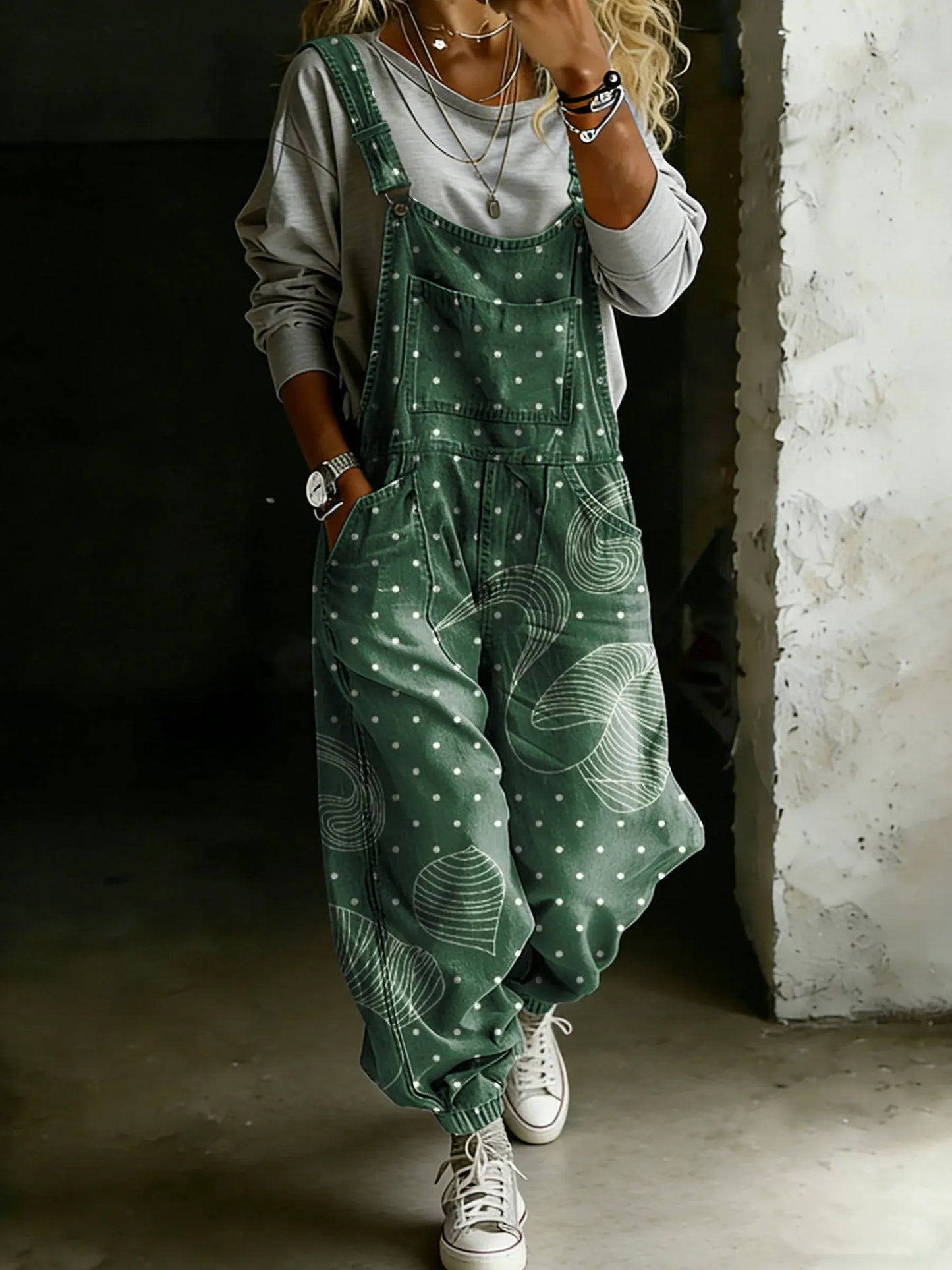 Women’s Vintage Art Print Casual One Piece Denim Jumpsuit