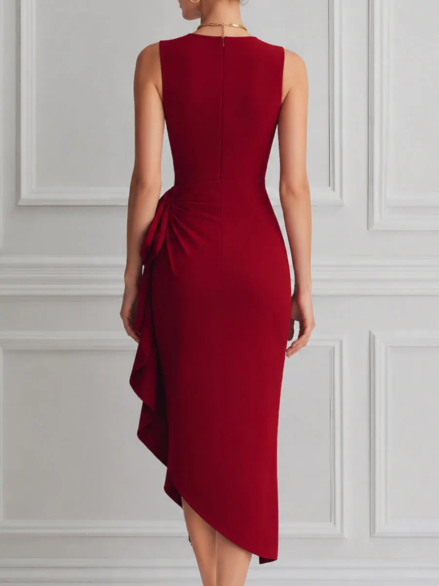 Asymmetric Draped Ruffle Waist Midi Dress