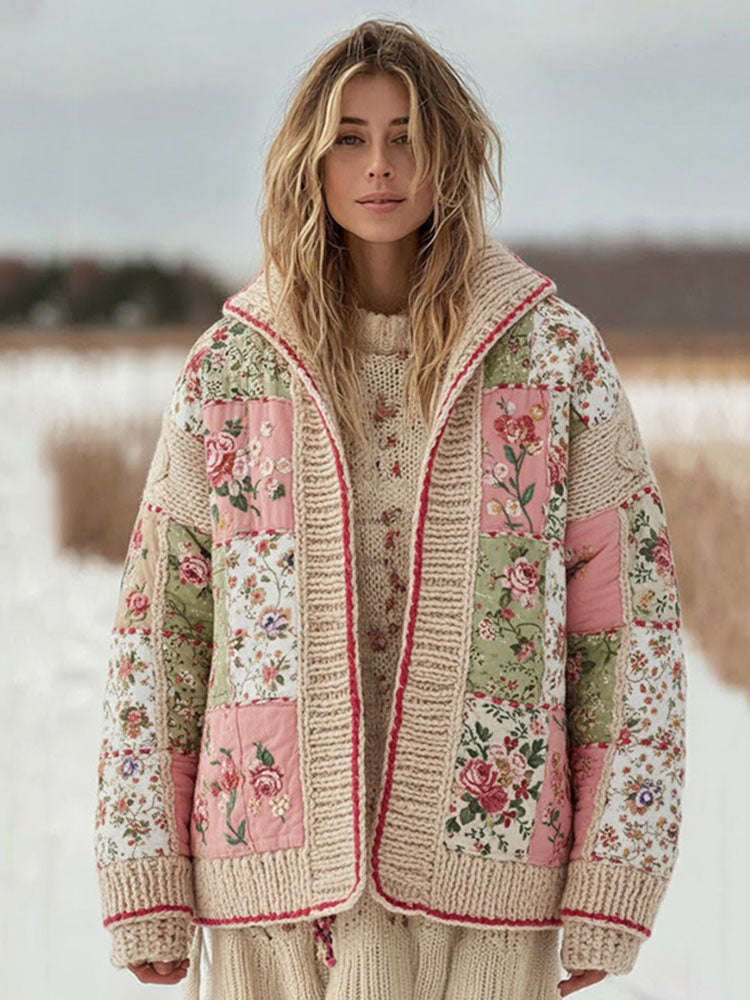 Women's Vintage Floral Patchwork Cozy Stand Collar Knit Sweater