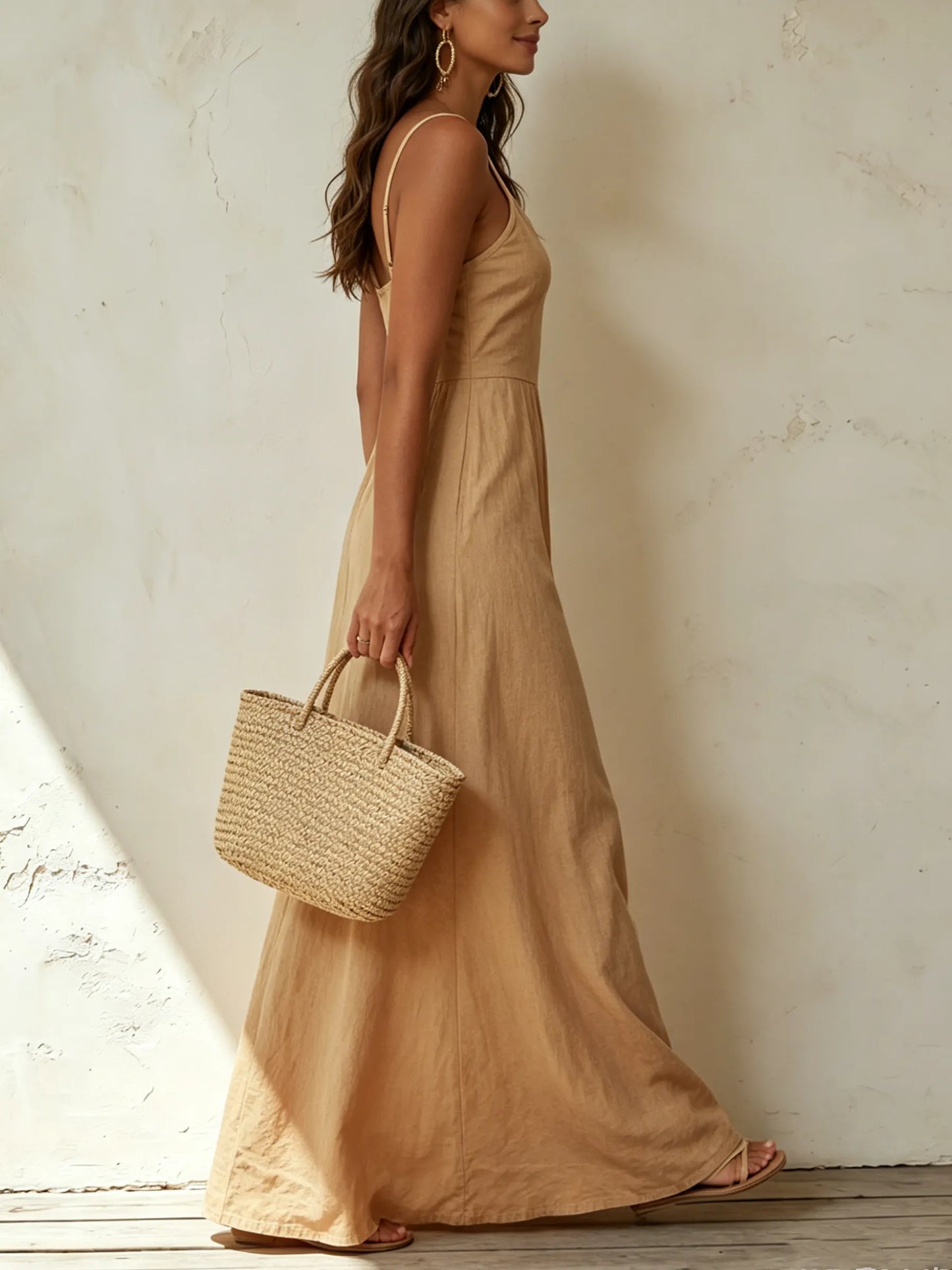 Beige Linen-Blend Bow-Front Button-Down Maxi Dress