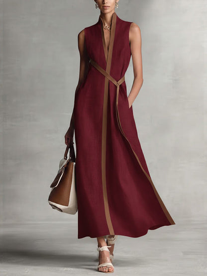 Women’s Stand-Up Collar Sleeveless Casual Loose Cotton and Linen Dress