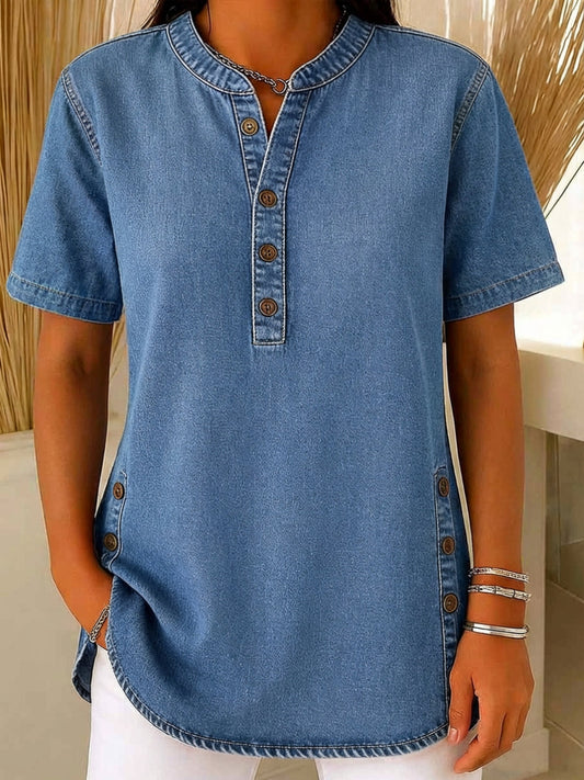 NatureQueens Women's Loose Denim Top - V Neck Short Sleeve Casual Button Up Cotton Blouse