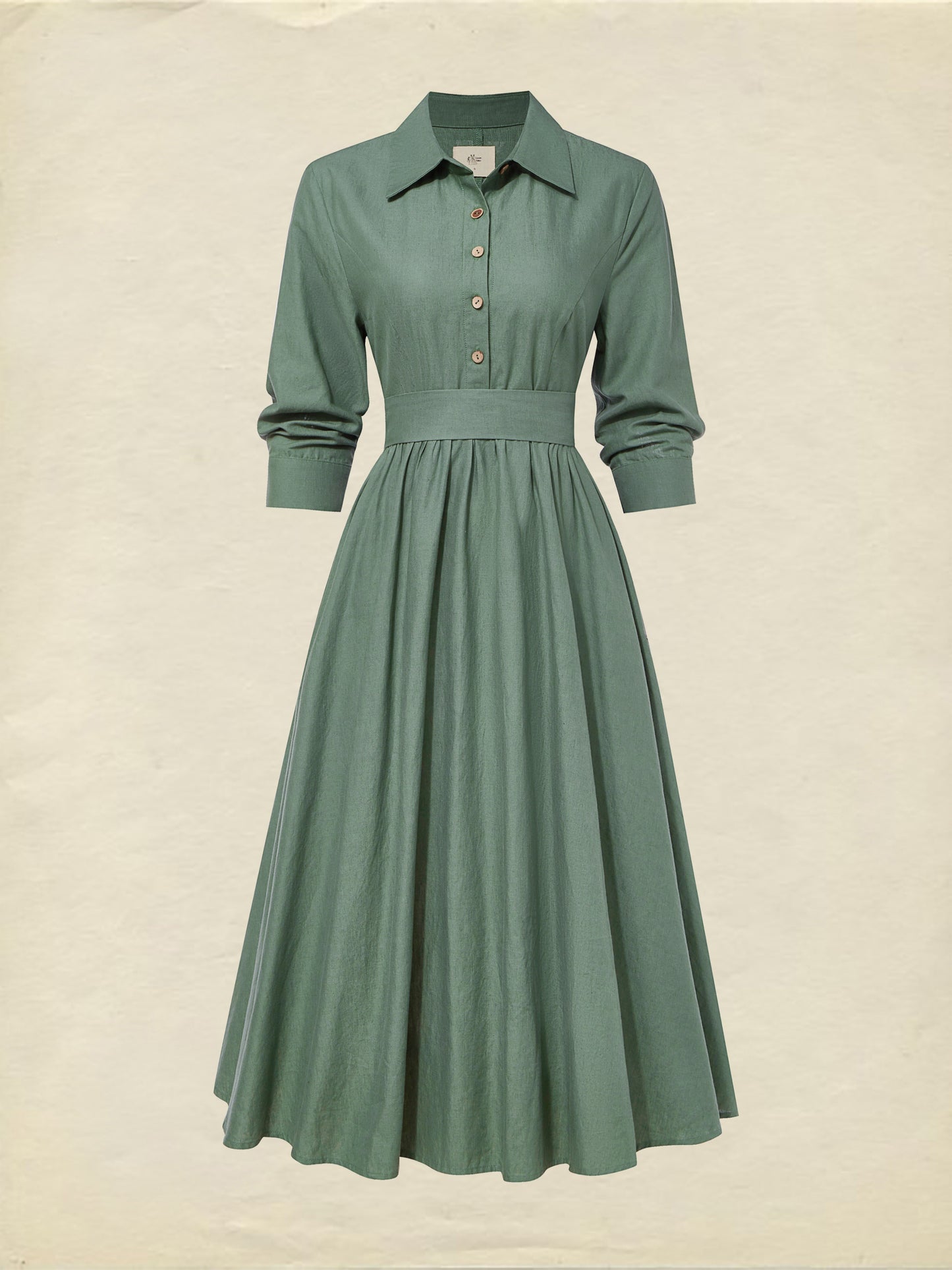 Midi Linen Dress, Half Sleeve,  Linen Blend, Plain, Renaissance, Green