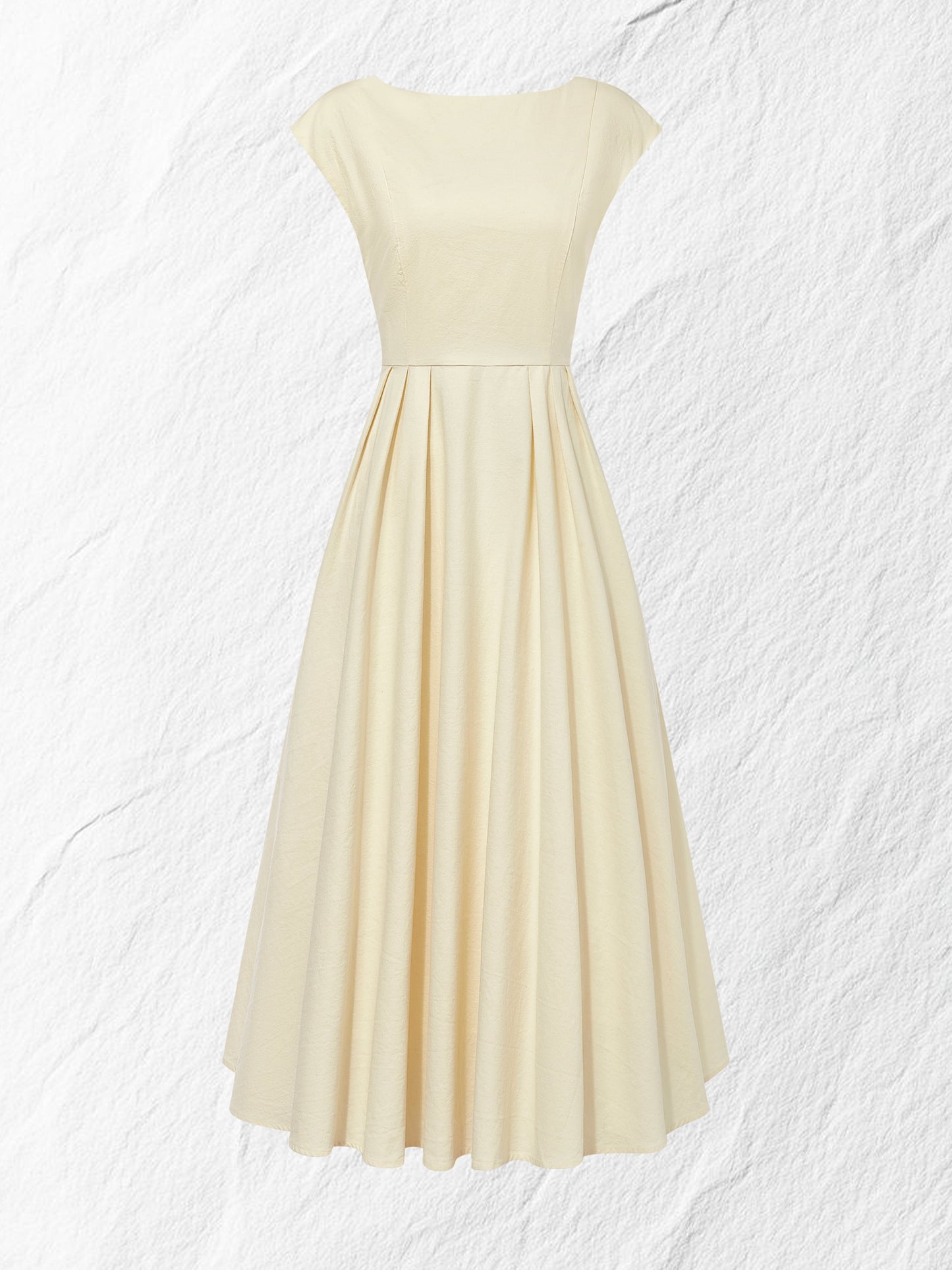Linen Midi Dress, Cap Sleeve, Boat Neck, Plain, Vintage, Off White