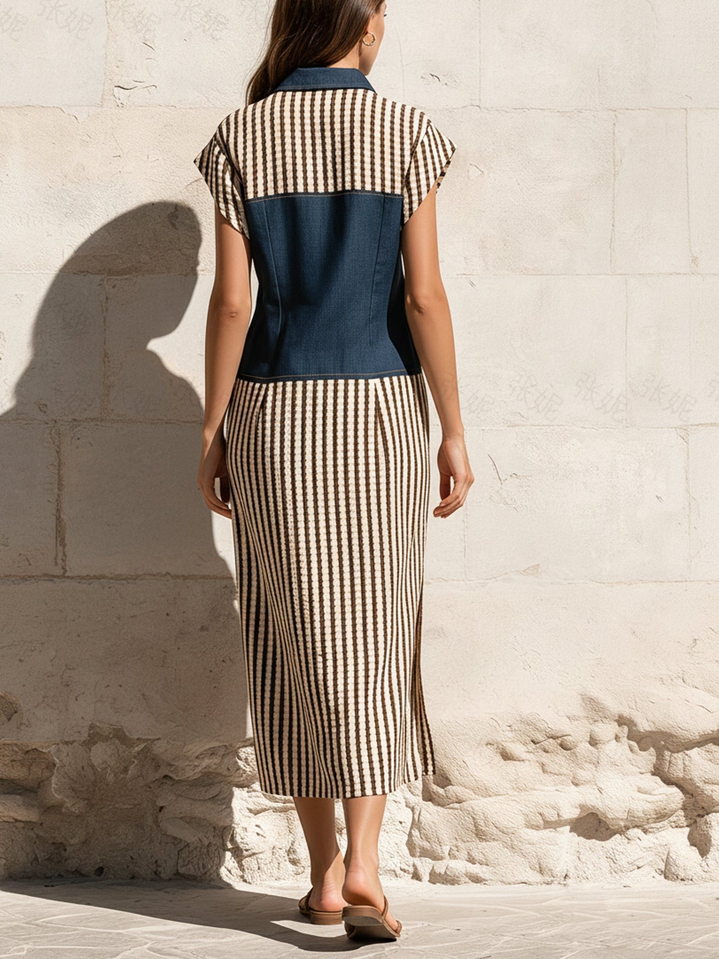 Denim & Stripe Color-Block Shirt Dress | Button-Front Midi Dress