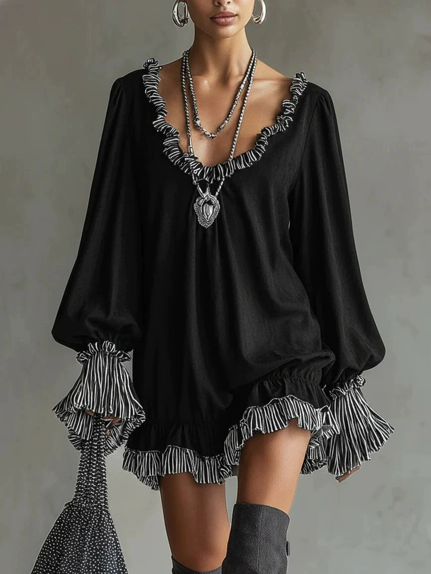 Women's Vintage Black Dress With Ruffled Trim