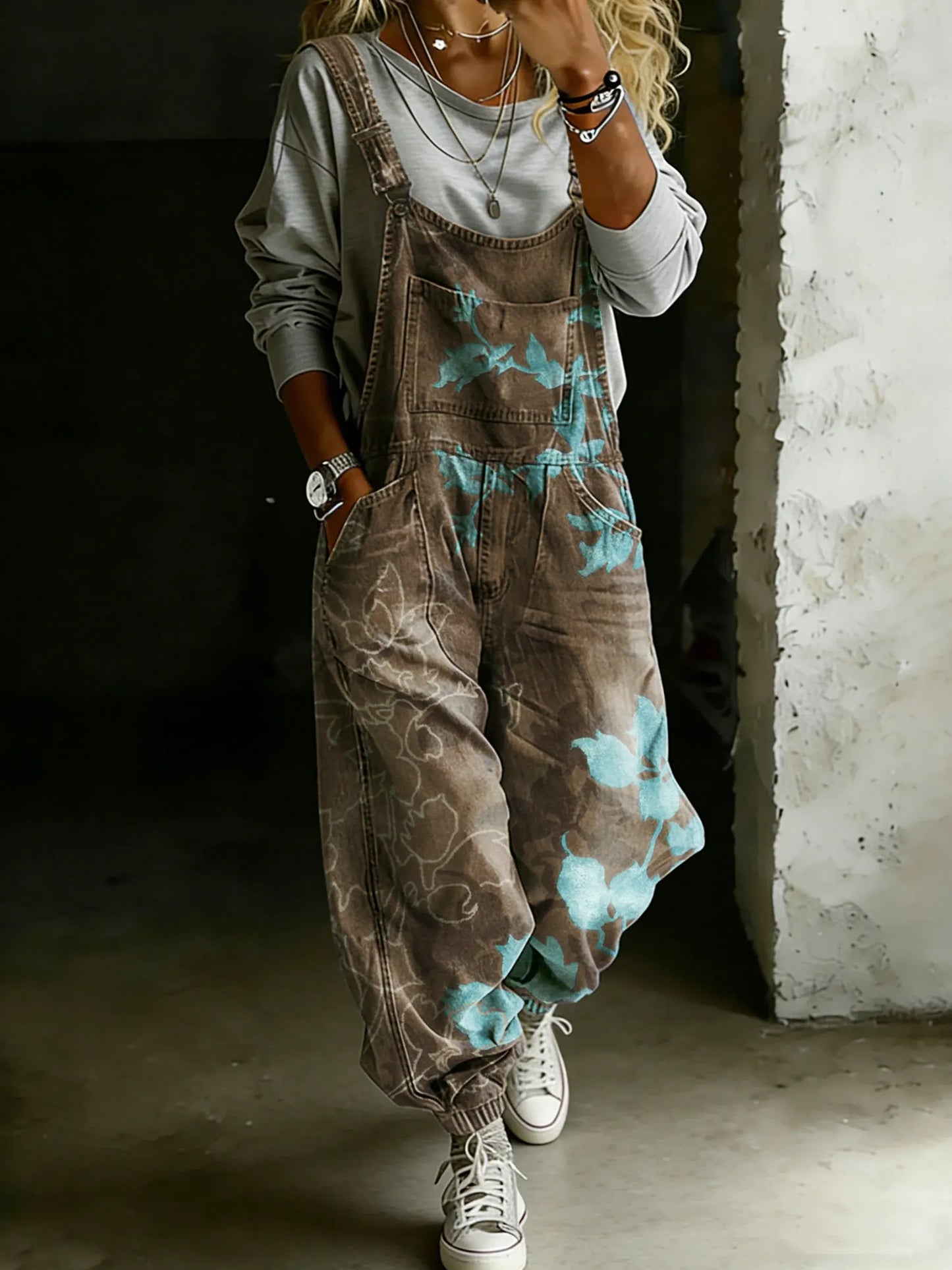 Women’s Vintage Abstract Ethnic Floral Art Print Casual One Piece Denim Jumpsuit