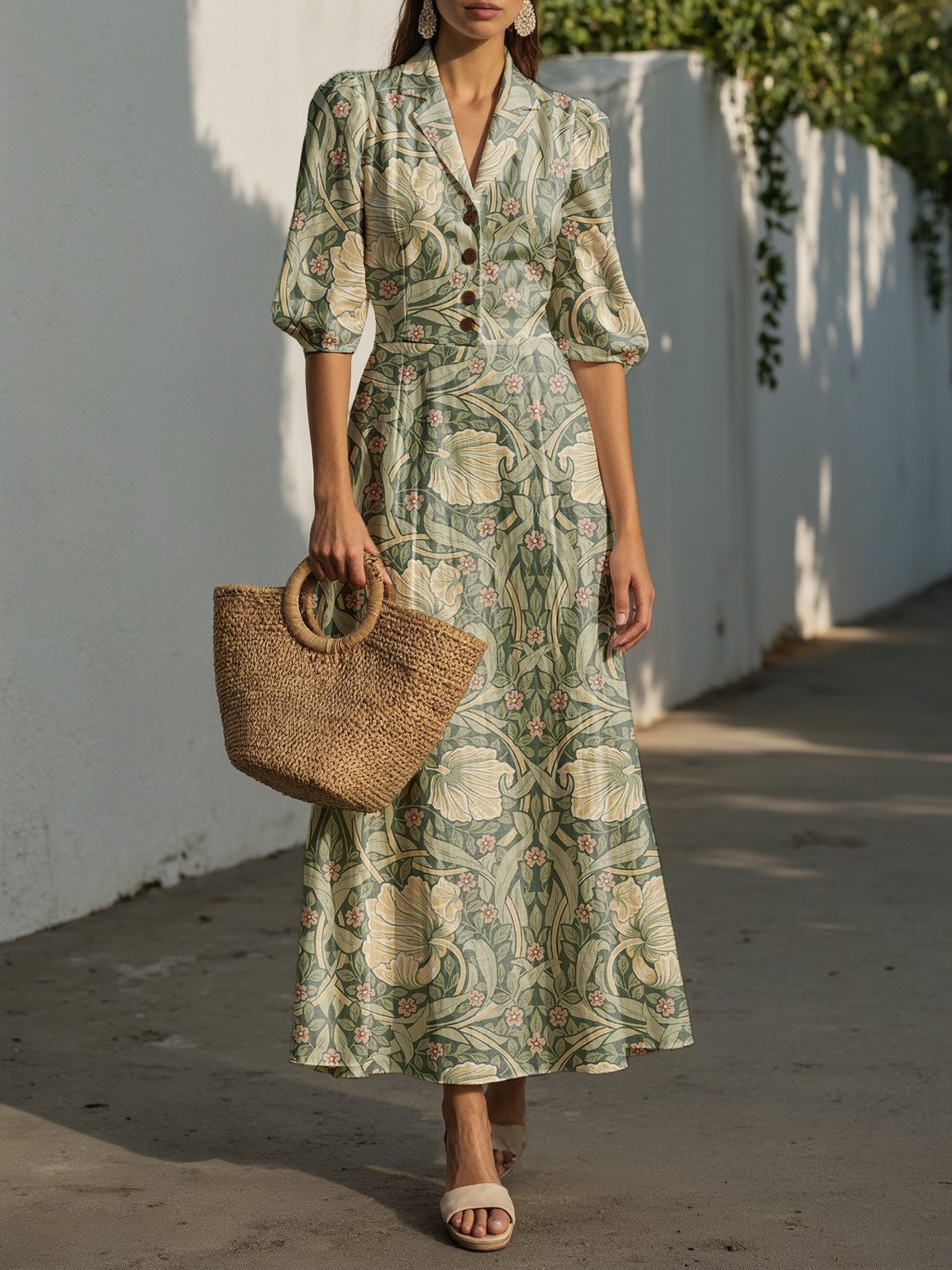 Maxi Linen Dress, Half Sleeve, Lapel Collar, Paisley, Button Design, Vacation, Vintage, Green