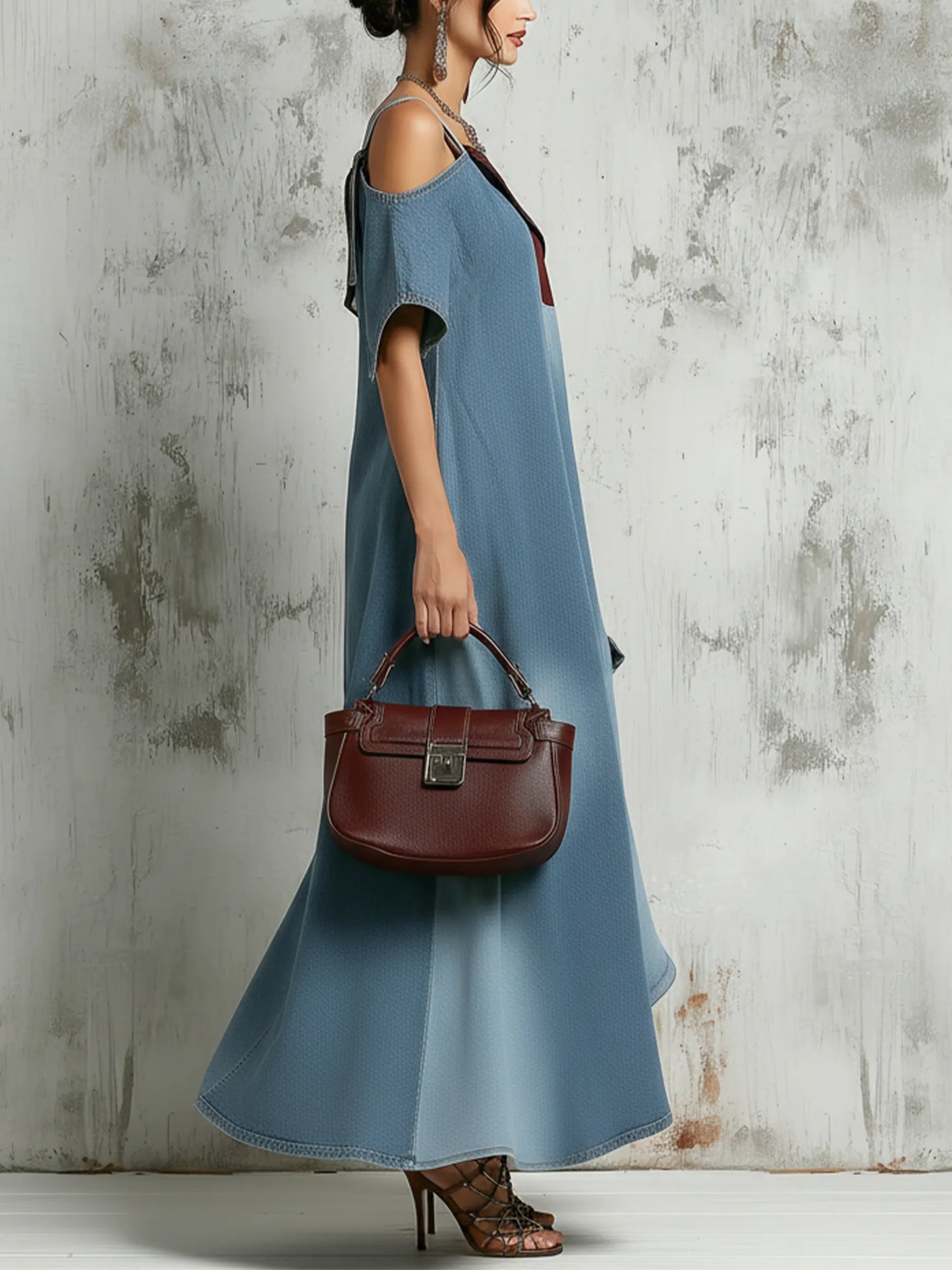 Cold-Shoulder Patchwork Denim Maxi Dress
