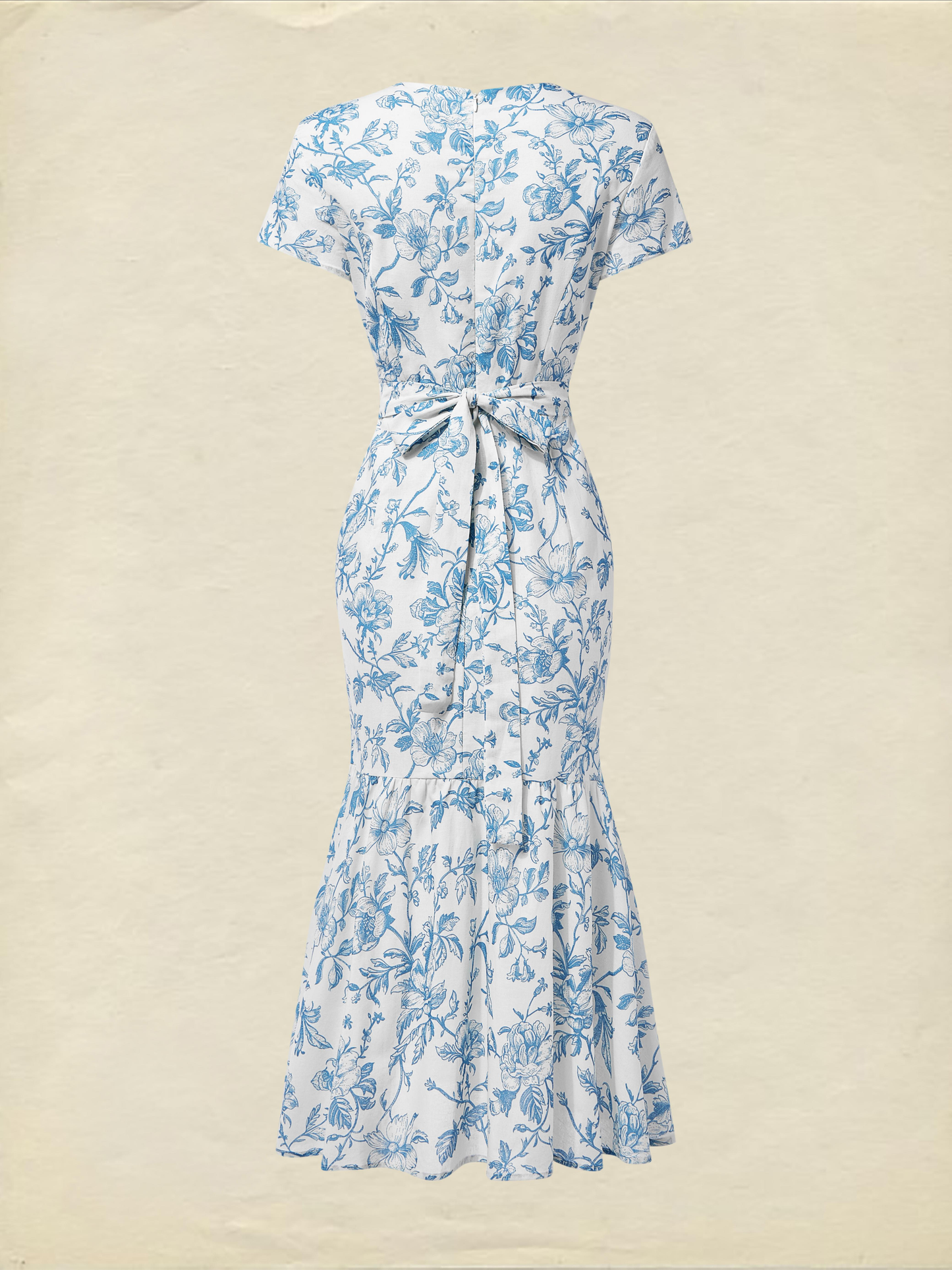 Midi Linen Dress, Short Sleeves, Sweetheart Neck, Floral, Ruffles, Vintage, Blue