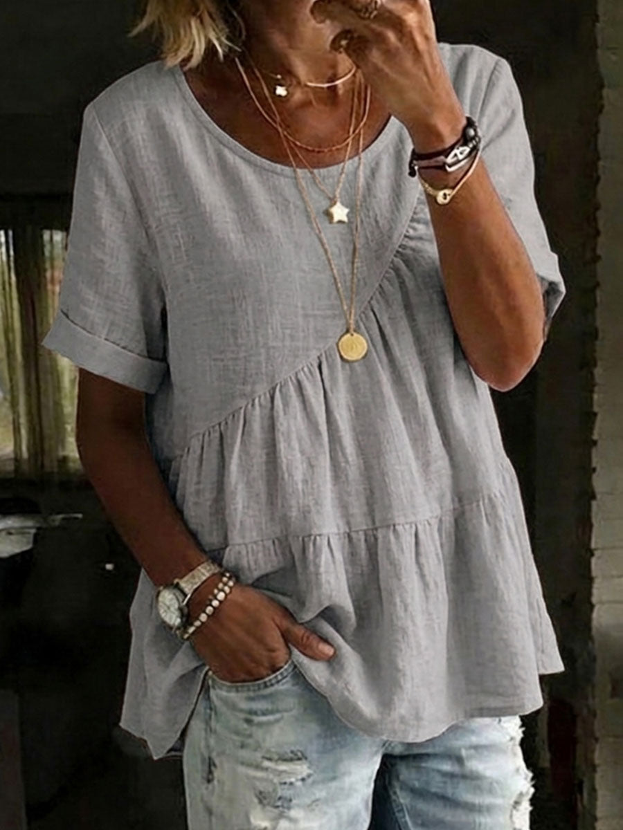 Women's Round Neck Cotton Linen Solid Color Loose Short-sleeved Shirt – Side Tether