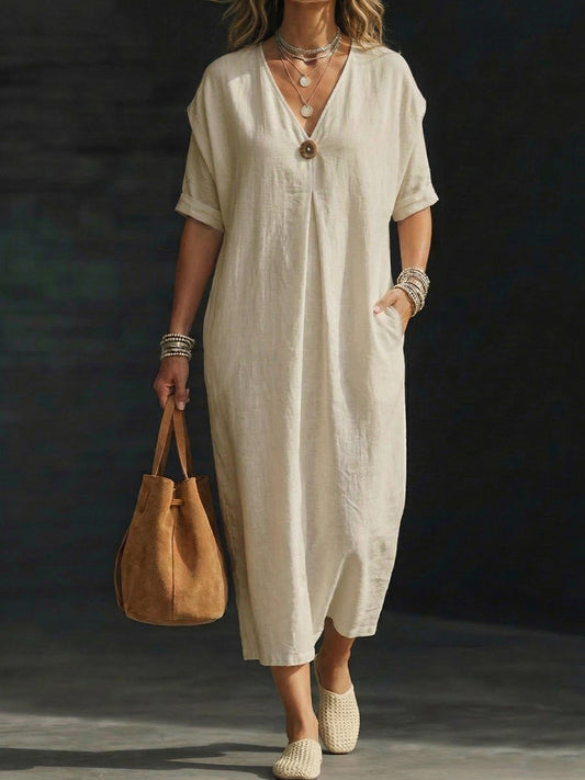 Women's Linen V-neck Single-button Short-sleeve Dress