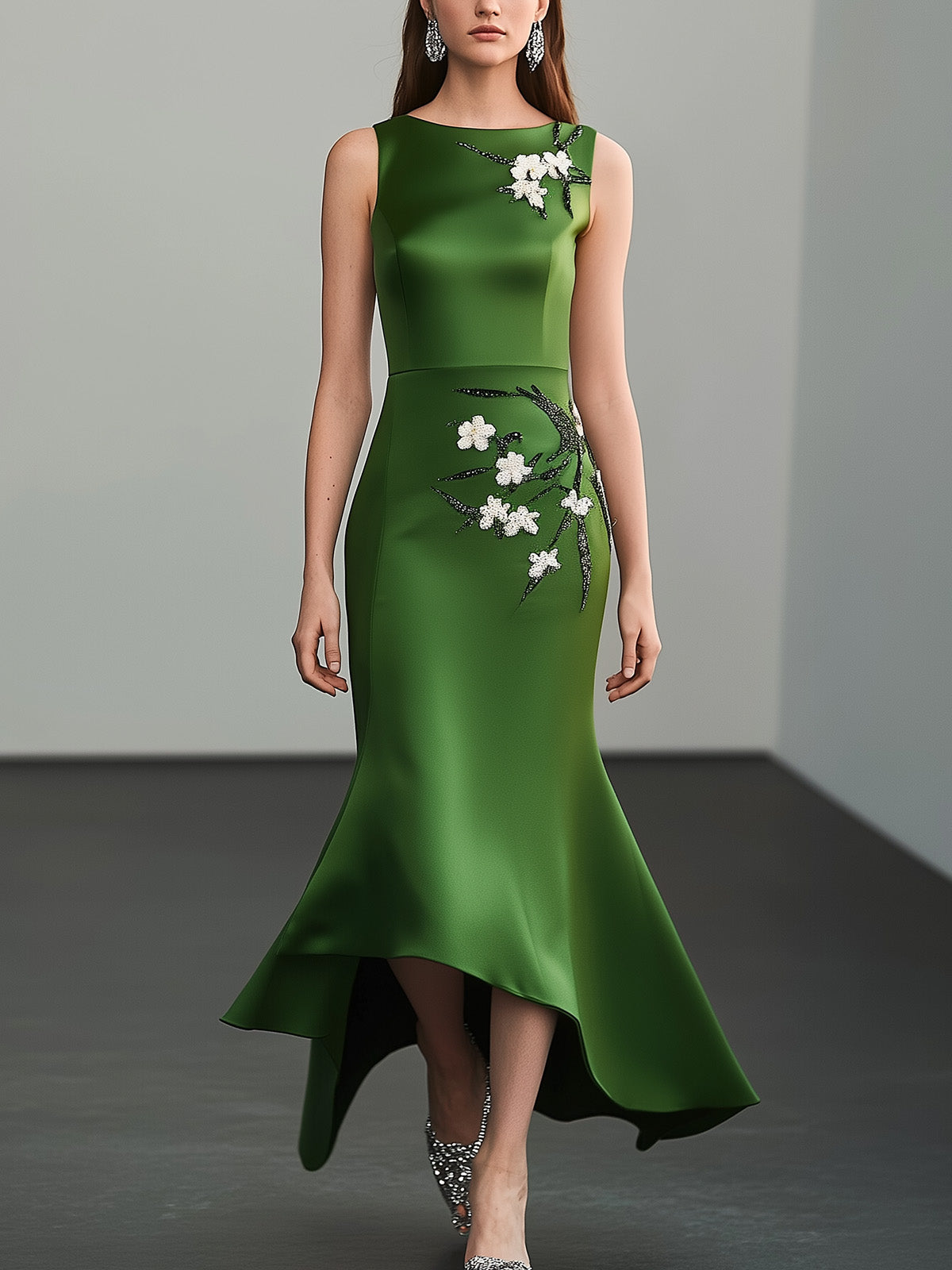 Sleek Green Satin Dress with Embellished Side Detail