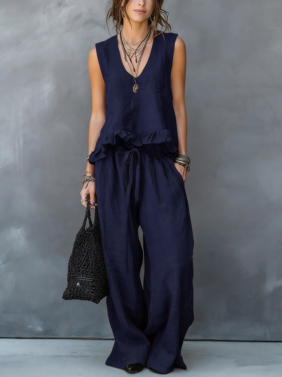Women's V-neck Sleeveless Casual Loose Cotton Top With Elastic Waist And Wide-leg Pants Cotton Linen Set