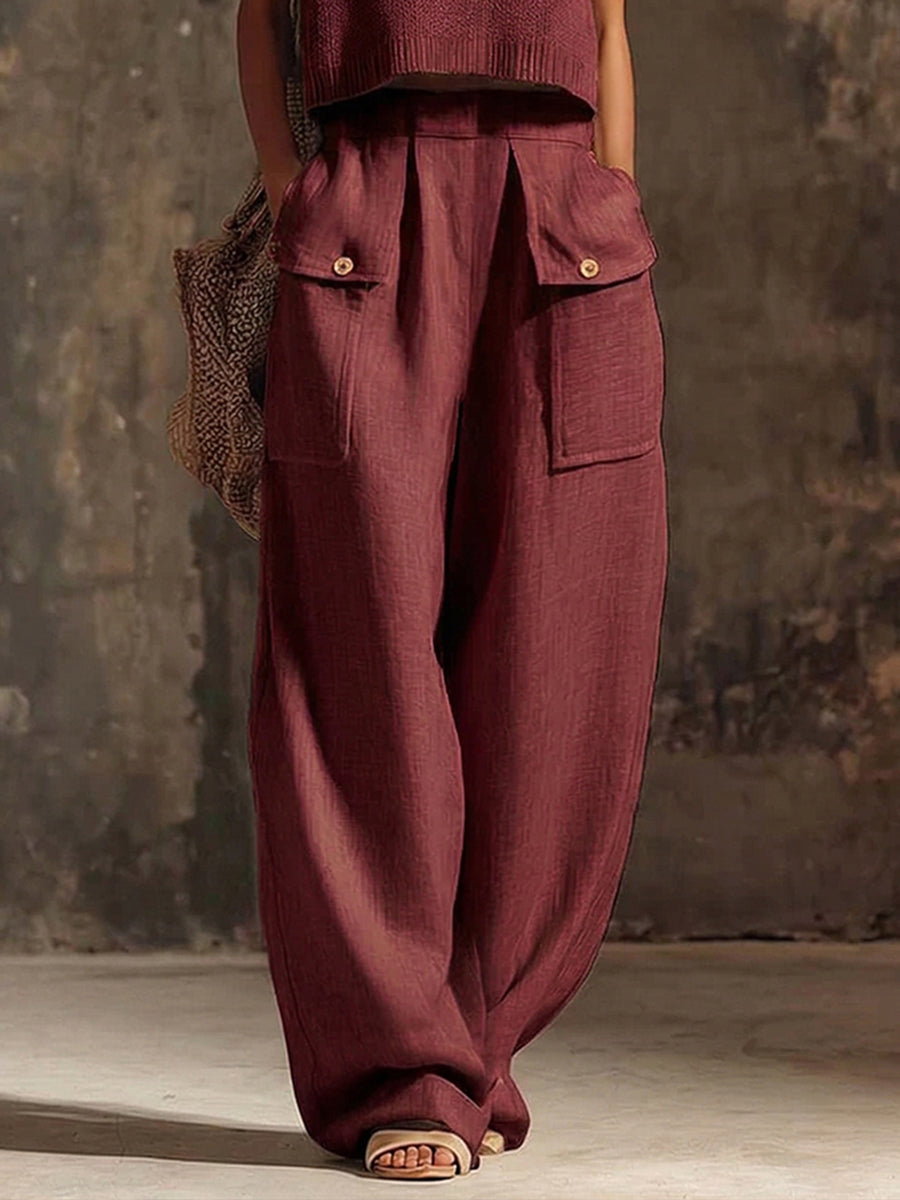 Casual Cargo Pockets Cotton-linen Wide-leg Pants