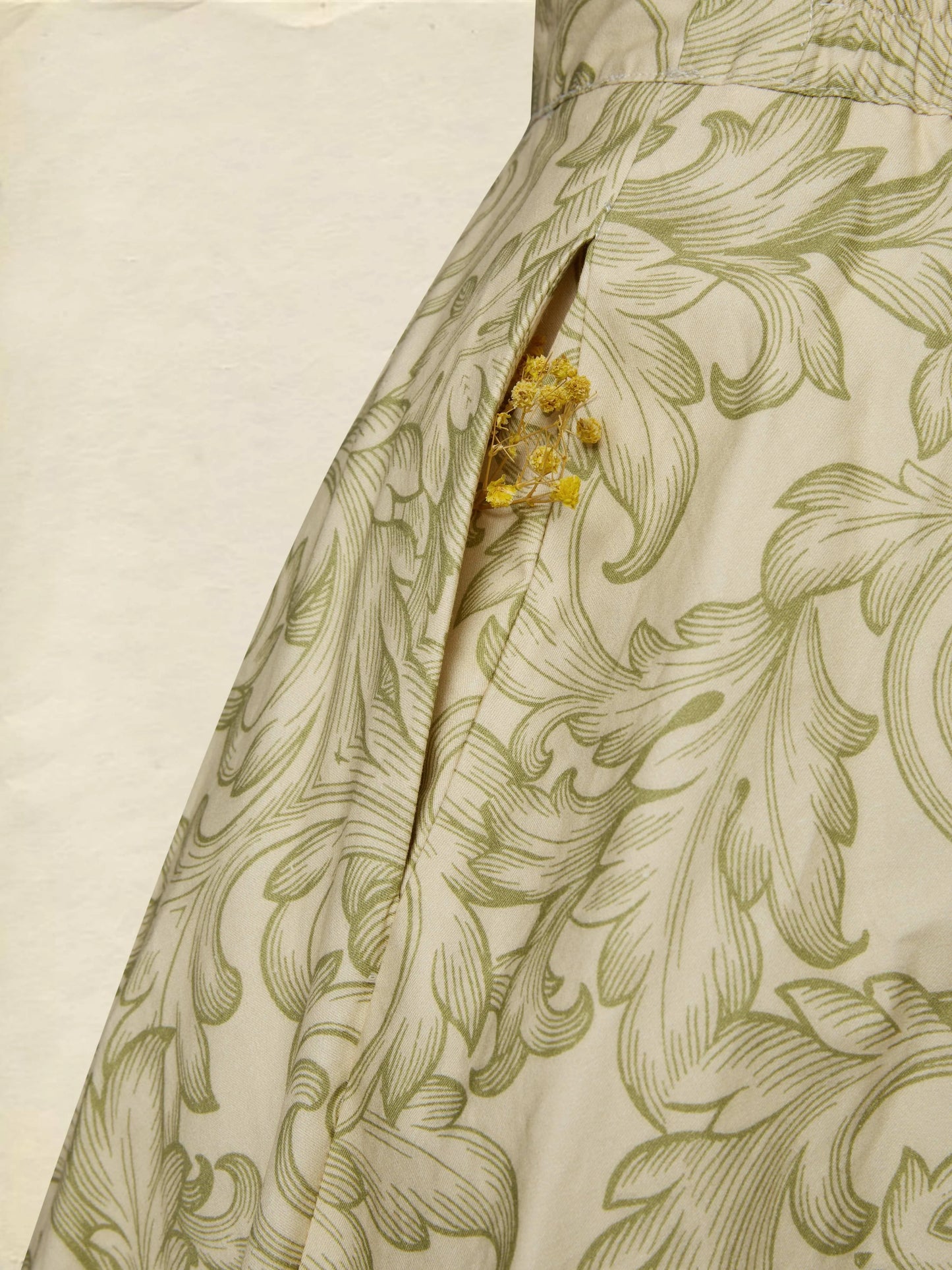 Midi Cotton Skirt Set, Long Sleeves, V Neck, Leaf, Plants, Button Design, Vintage, Light Khaki