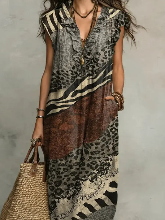 Women's Retro Pattern Art Print Casual Ruffled Stylish Cotton Linen Dress