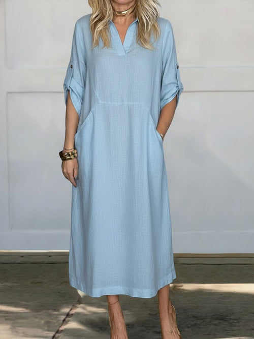 Women's Solid Color Lapel Long-sleeved Casual Loose Linen Dress
