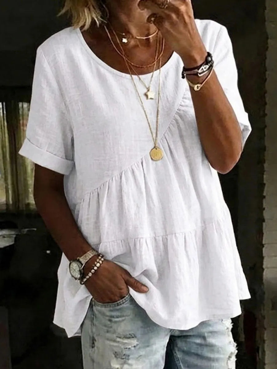 Women's Round Neck Cotton Linen Solid Color Loose Short-sleeved Shirt – Side Tether
