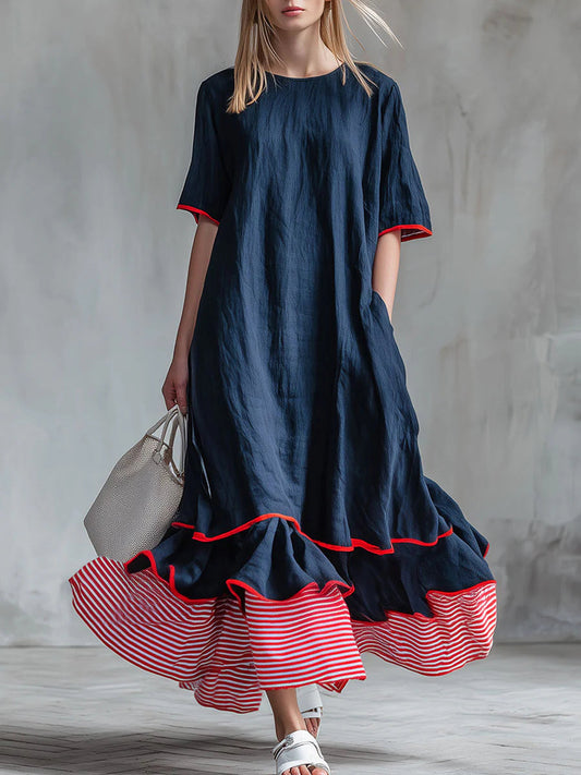 Women’s Patchwork Striped Midi Dress – Casual Red Summer Dress