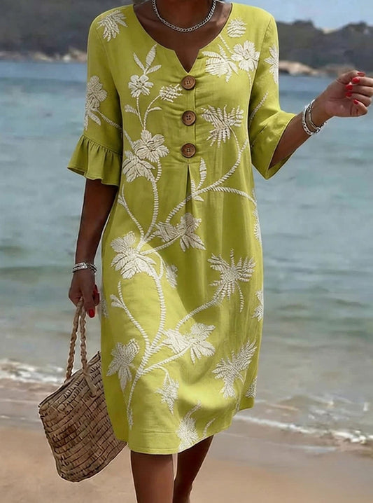 Women's Floral Print Casual Cotton-Linen Dress