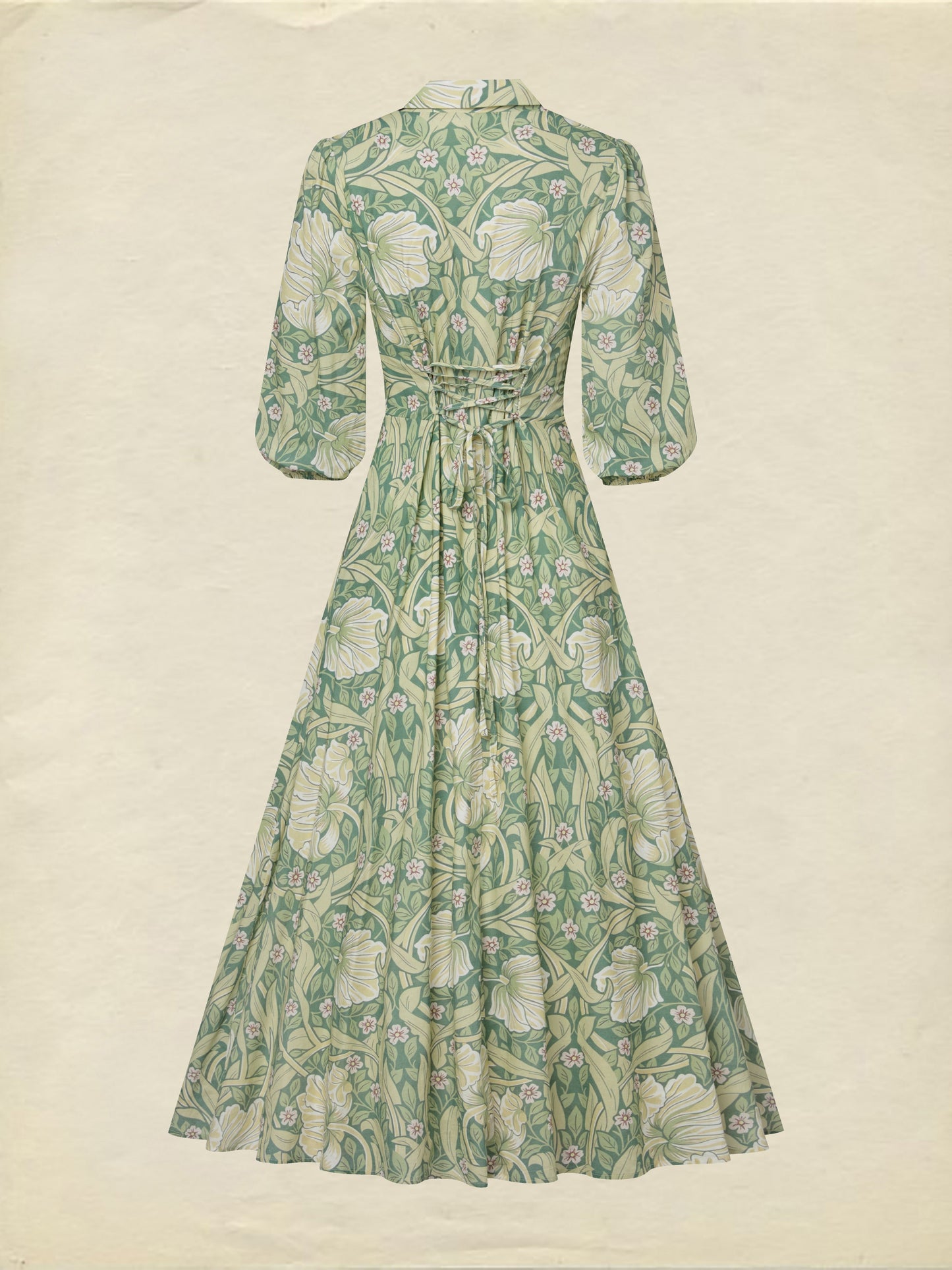 Maxi Linen Dress, Half Sleeve, Lapel Collar, Paisley, Button Design, Vacation, Vintage, Green