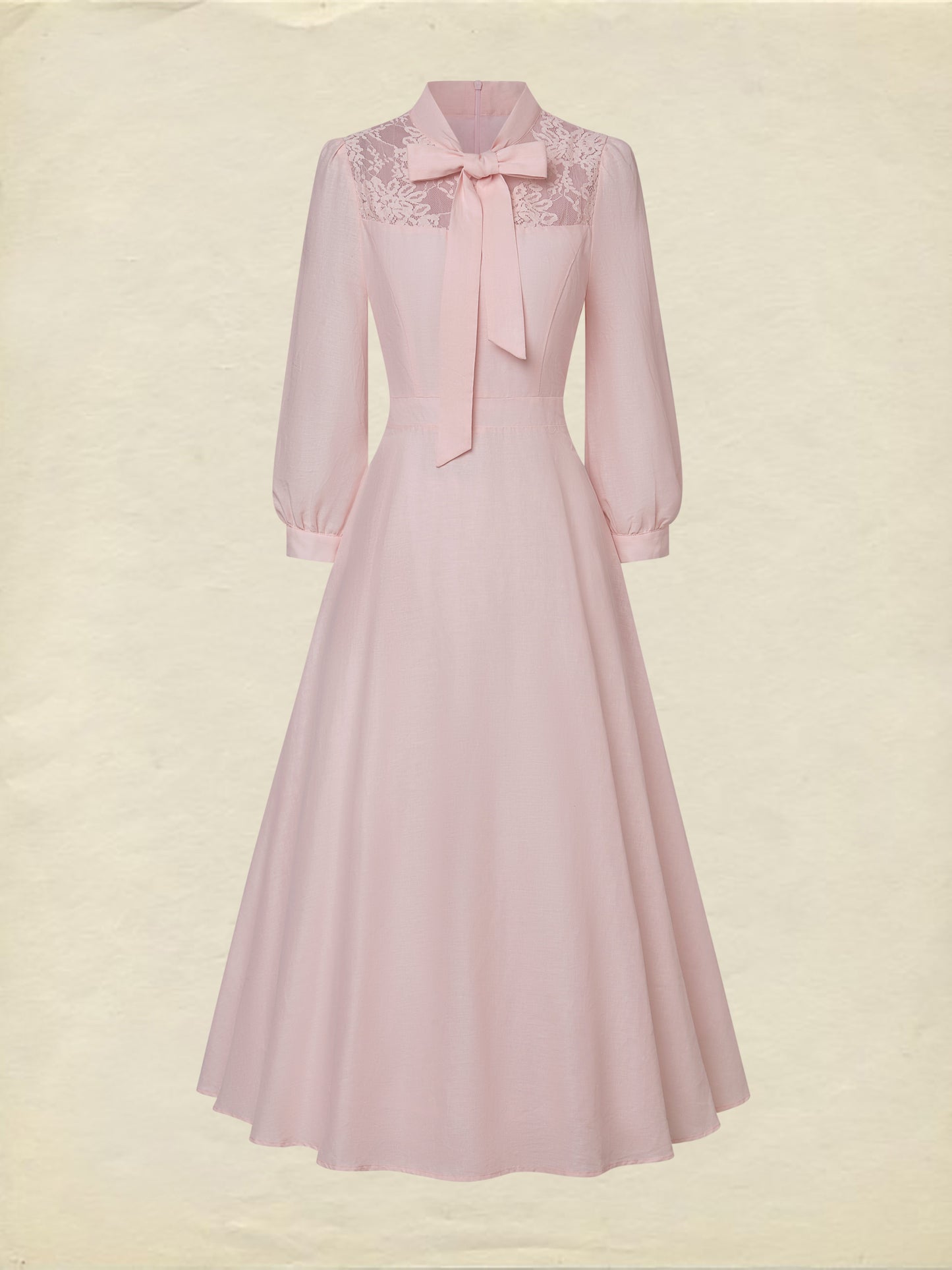 Midi Linen Dress, Half Sleeve, Plain, Lace, French Vintage, Pink